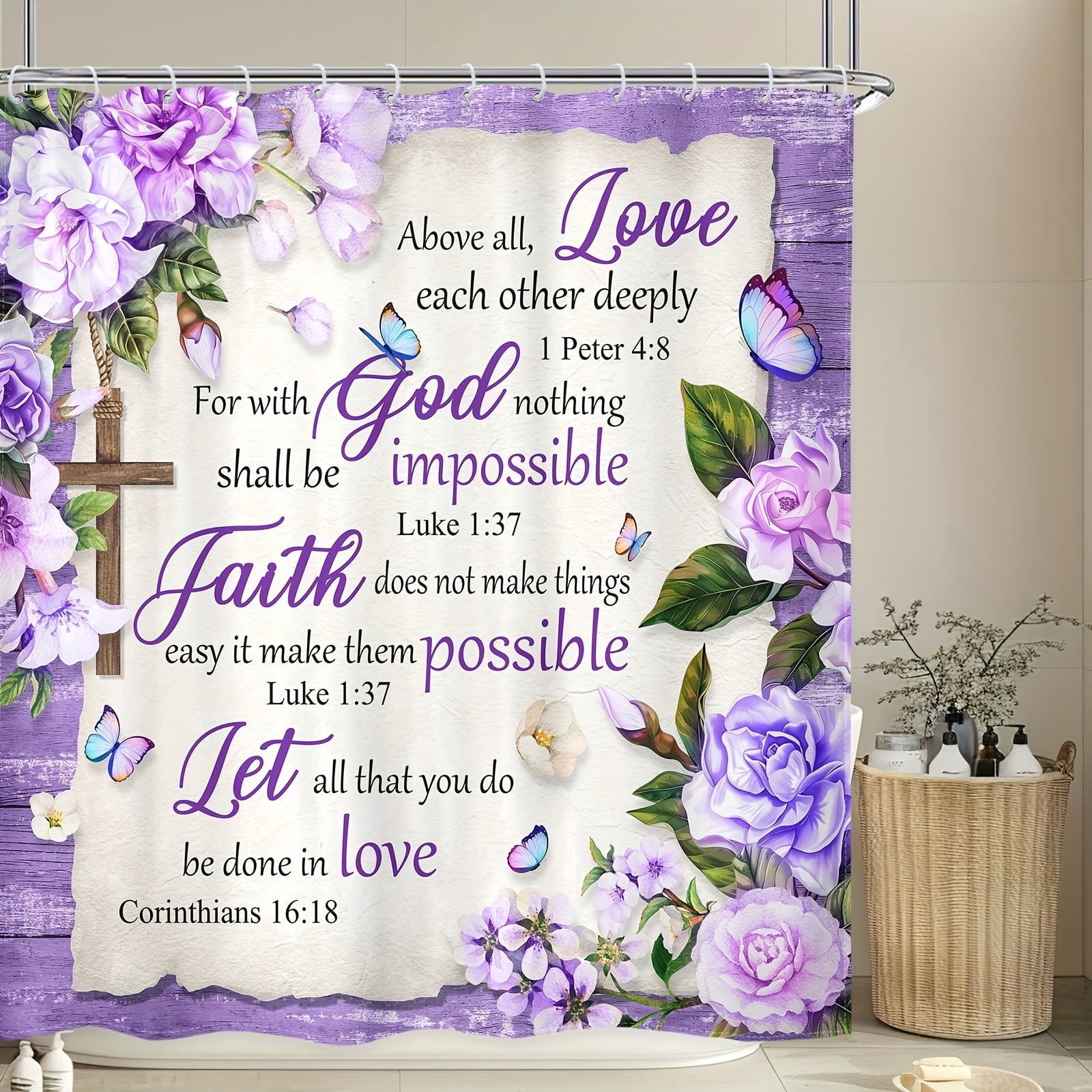 Diagonal Verse Bible Verse Shower Curtain, Purple Diagonal Gardenia Country Flowers ...