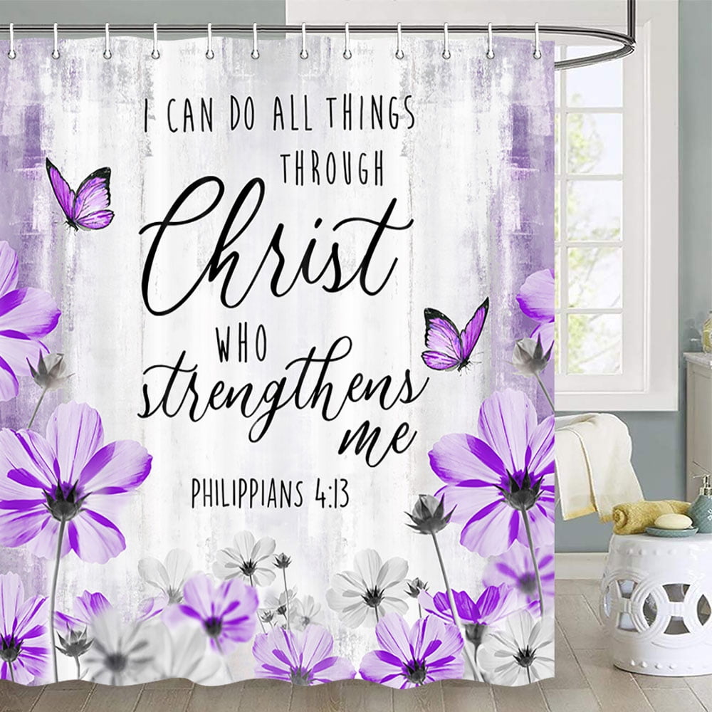 Bible Verse Shower Curtain, Purple Floral Daisy Shower Curtain Trust in