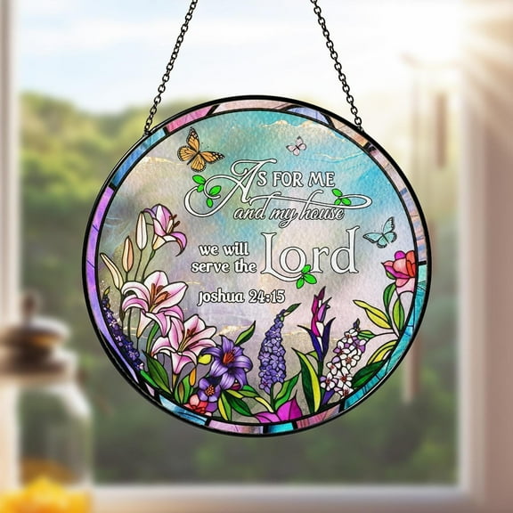 Bible Verse Stained Glass Window Hanging Acrylic Ornament, Christian Decor Gift Holiday Joshua 24:15 As for Me and My House We Will Serve the Lord