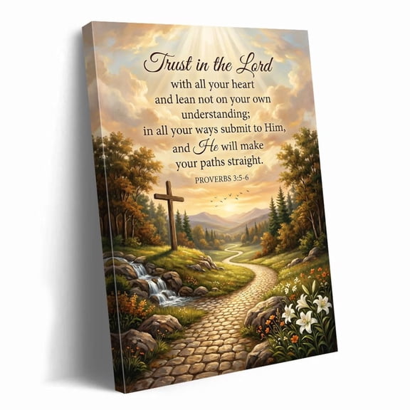 Bible Verse Wall Art Proverbs 3:5-6 Scripture Canvas Print Christian Home Decor Trust in the Lord Cross Landscape Path Poster Living Room