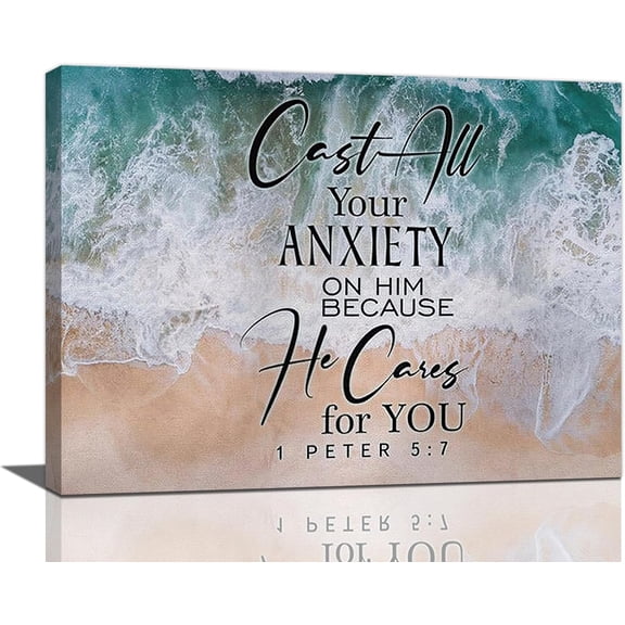 Bible Verse Wall Art Scripture Christian Decor Ocean Christian Gifts Religious Sign Peter 5:7 Canvas Prints Beach Christian Poster Artwork for Living Room Bedroom Church Office 16"x12"