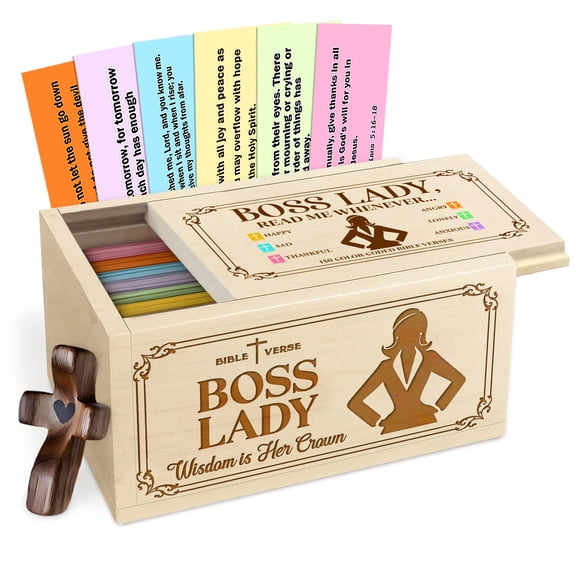 Bible Verse Wooden Box for Boss Lady, Read Me Whenever Scripture Box, Maple Wood Faith Keepsake with 150 Color Coded Cards and Wooden Cross