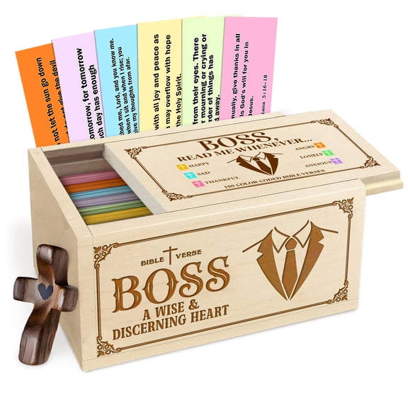 Bible Verse Wooden Box for Boss, Read Me Whenever Scripture Box, Maple Wood Faith Keepsake with 150 Color Coded Cards and Wooden Cross