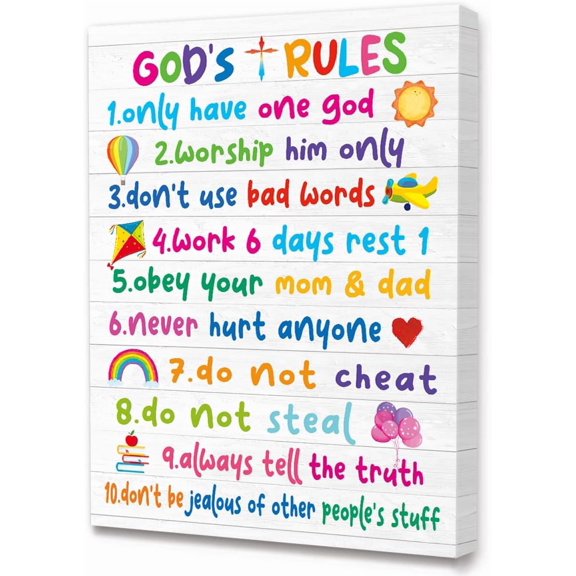 Bible Verses Wall Art for Kids,God''s Rules Colorful Rainbow Art Print for kids,Christian Religious Wall Art Gifts for Kids,Ready to Hang For Kids Nursery/Classroom/Bedroom Wall Decor 12" x 15"