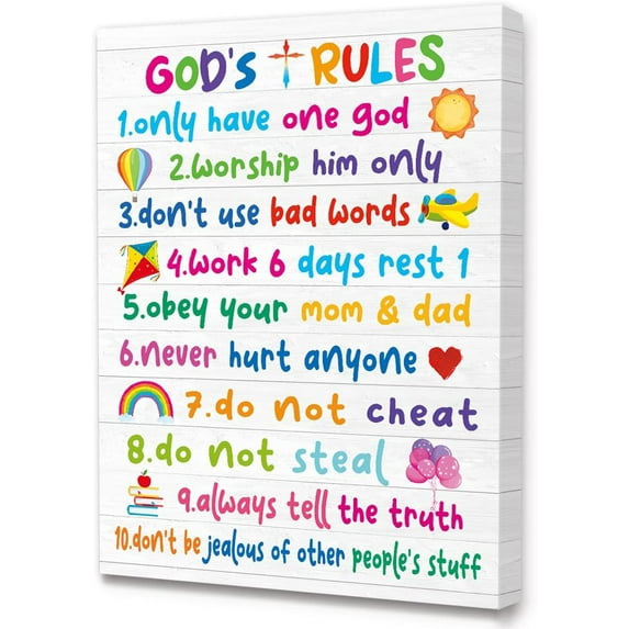 Bible Verses Wall Art for Kids,God''s Rules Colorful Rainbow Art Print for kids,Christian Religious Wall Art Gifts for Kids,Ready to Hang For Kids Nursery/Classroom/Bedroom Wall Decor 12" x 15"