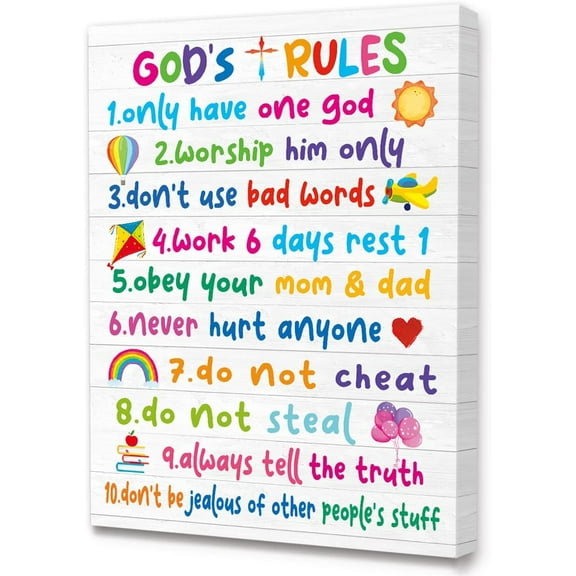 Bible Verses Wall Art for Kids,God''s Rules Colorful Rainbow Art Print for kids,Christian Religious Wall Art Gifts for Kids,Ready to Hang For Kids Nursery/Classroom/Bedroom Wall Decor 12" x 15"