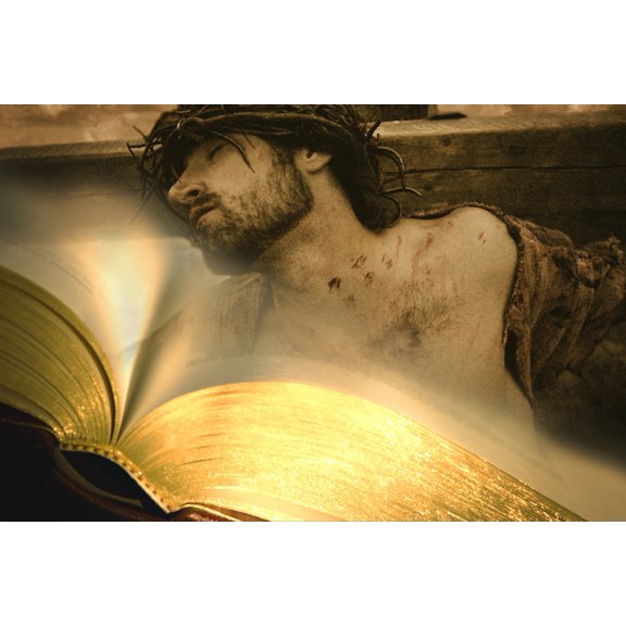 Bible With Jesus On Cross In Background Poster Print by Darren Greenwood / Design Pics
