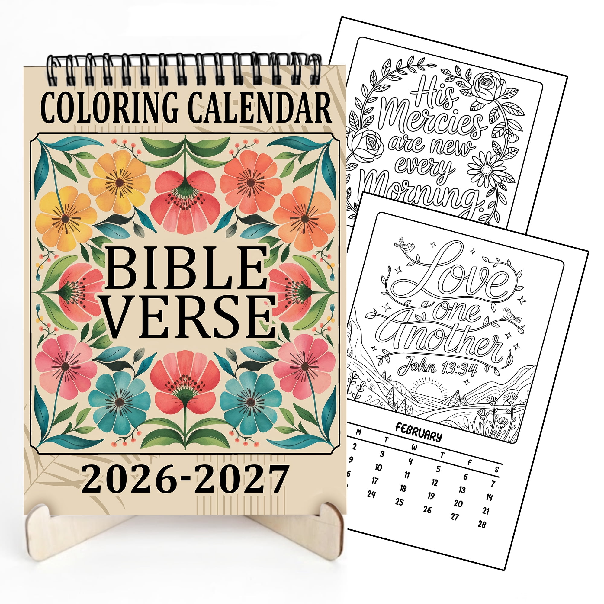Bible verse Coloring Desk Calendar 2026–2027, A5 Wooden Cover Planner with 26 Easy Coloring Pages for Adult Relaxation, 24 Month Desktop Calendar with Stand, Gift for Family & Friends