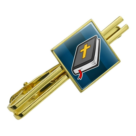Bible with Cross Christian Religious Square Tie Bar Clip Clasp Tack Gold Color
