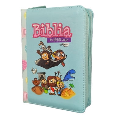 Biblia Mi Gran Viaje de Bolsillo con Cierre RV1960 imit piel celeste y globos con indice