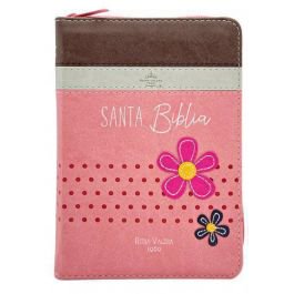 Biblia RVR 1960 Bolsillo Caf Beige Rosa con Flores Smil Piel con Cierre