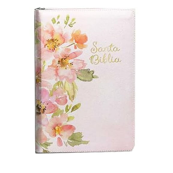Biblia Reina Valera 1960 Letra Grande tamano manual con Cierre Indice Semil piel en color rosa y diseno Jardin