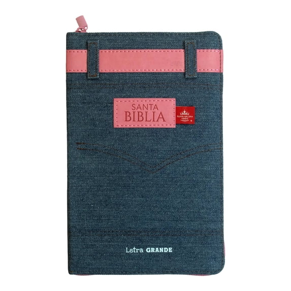 Biblia Reina Valera 1960 tamaño manual letra grande 12 puntos cubierta tela jean con cinturon de piel rosa con cierre y con índice. Colección Jean.