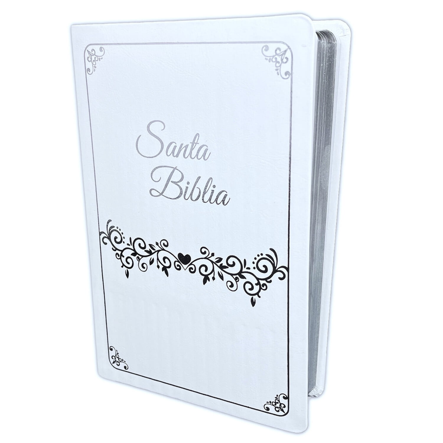 Biblia para Boda Letra Gigante RV1960, imit. piel manual blanca con cantos y letras plateadas