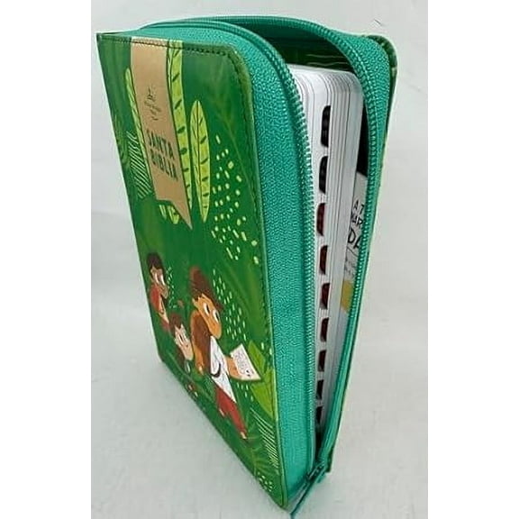 Biblia para Nios Letra Grande Interactiva con Cierre RV1960 tela verde con indice 12 puntos