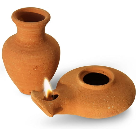 The Jerusalem Gift Shop Biblical Brown Oil Lamp with Jar - Handmade Herodian Style