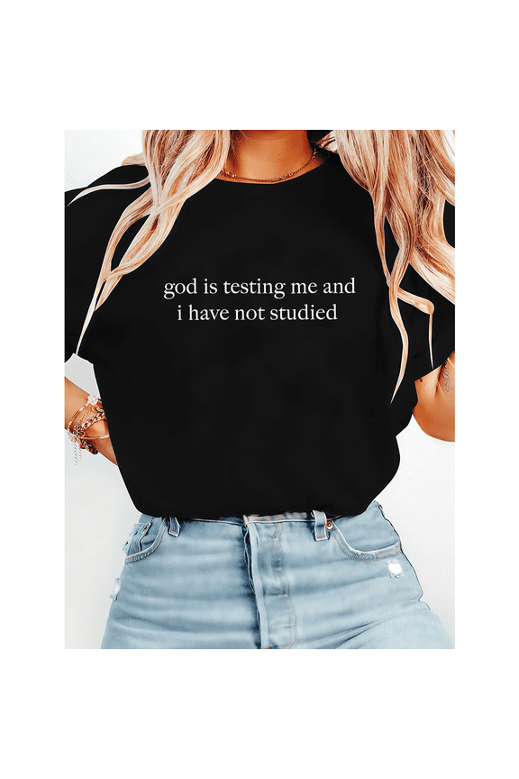 Biblical Failing Grade God Is Testing Me Print Tshirts Religious Humor Graphic Tees Divine Pop Quiz Funny Faith Based Gift Short Sleeve Tops Black,L