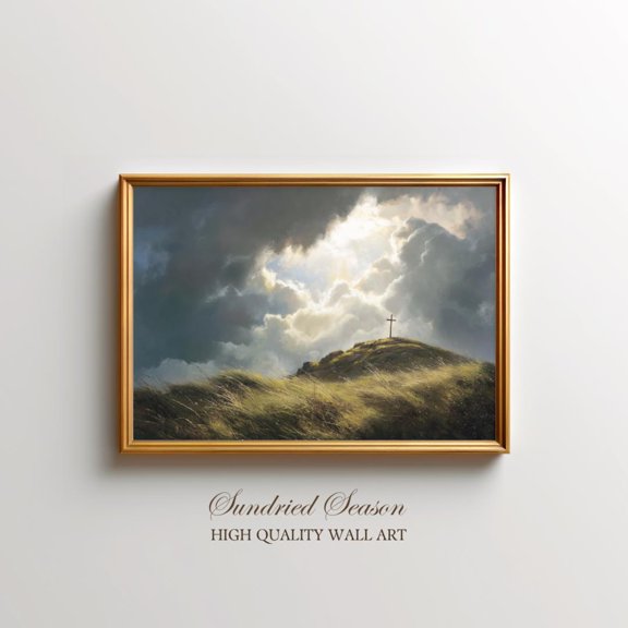 Biblical Hill Cross Sunlight Religious Symbolism Grassy Christian Crucifix, Unframed Paper Poster 8x10in