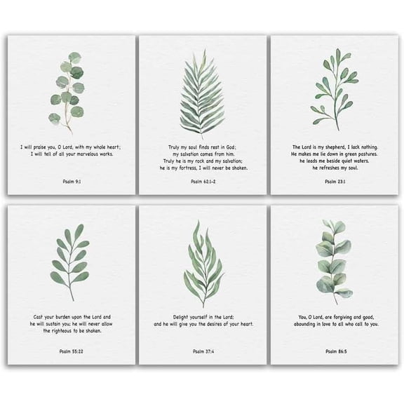 Biblical Inspirational Boho Leaf Wall Art Décor, Positive Motivational Psalms Scripture Christian Prints Decor 6 Pcs 8”X10” Unframed Watercolor Bohemia Botanical Leaves Plant Wall Art