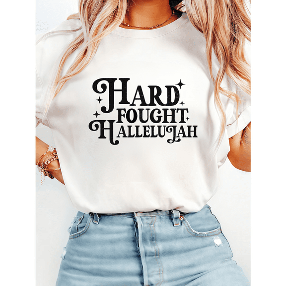 Biblical Resilient Spirit Scripture Shirts for Women Overcomer Faith Tops Hard Fought Hallelujah Victory Lettering Print Tshirts Christian Graphic Tees White,S