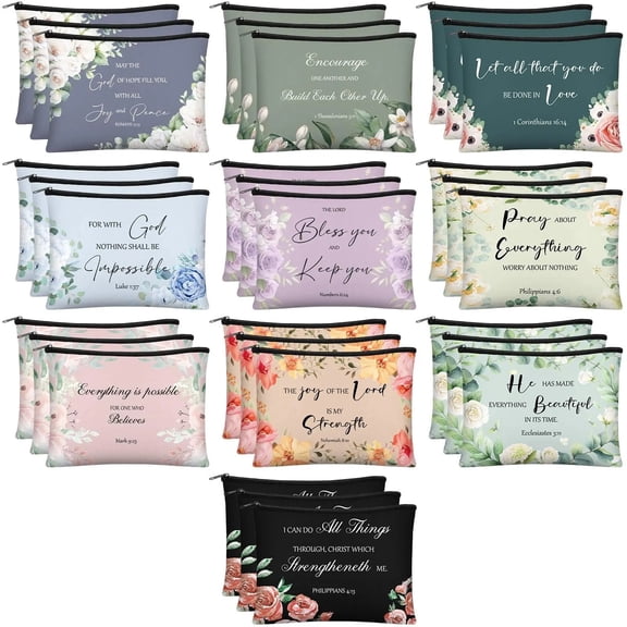 Biblical Verse Cosmetic Pouch Set, Inspirational Zipper Storage Bag, Floral Toiletry Organizer for Makeup, Travel, 10 Piece Value Pack