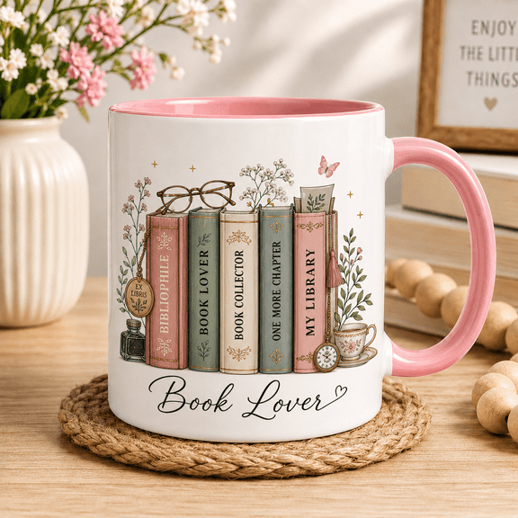 Bibliophile Ceramic Coffee Mugs Personalized Floral Bookshelf for Readers & Book Collectors 11 oz 15 oz