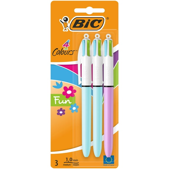 Bic 4 Colours Fun Retractable Ballpoint Pens with Four Ink Colours and Medium Point (1.0 mm), Pack of 3