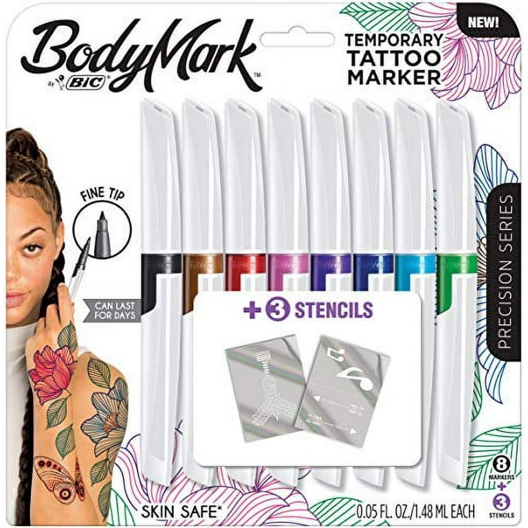 Bic BodyMark Temporary Tattoo Marker with Fine Tip, Precision Series, Assorted Colors, Pack of 8 Markers + 3 Stencils