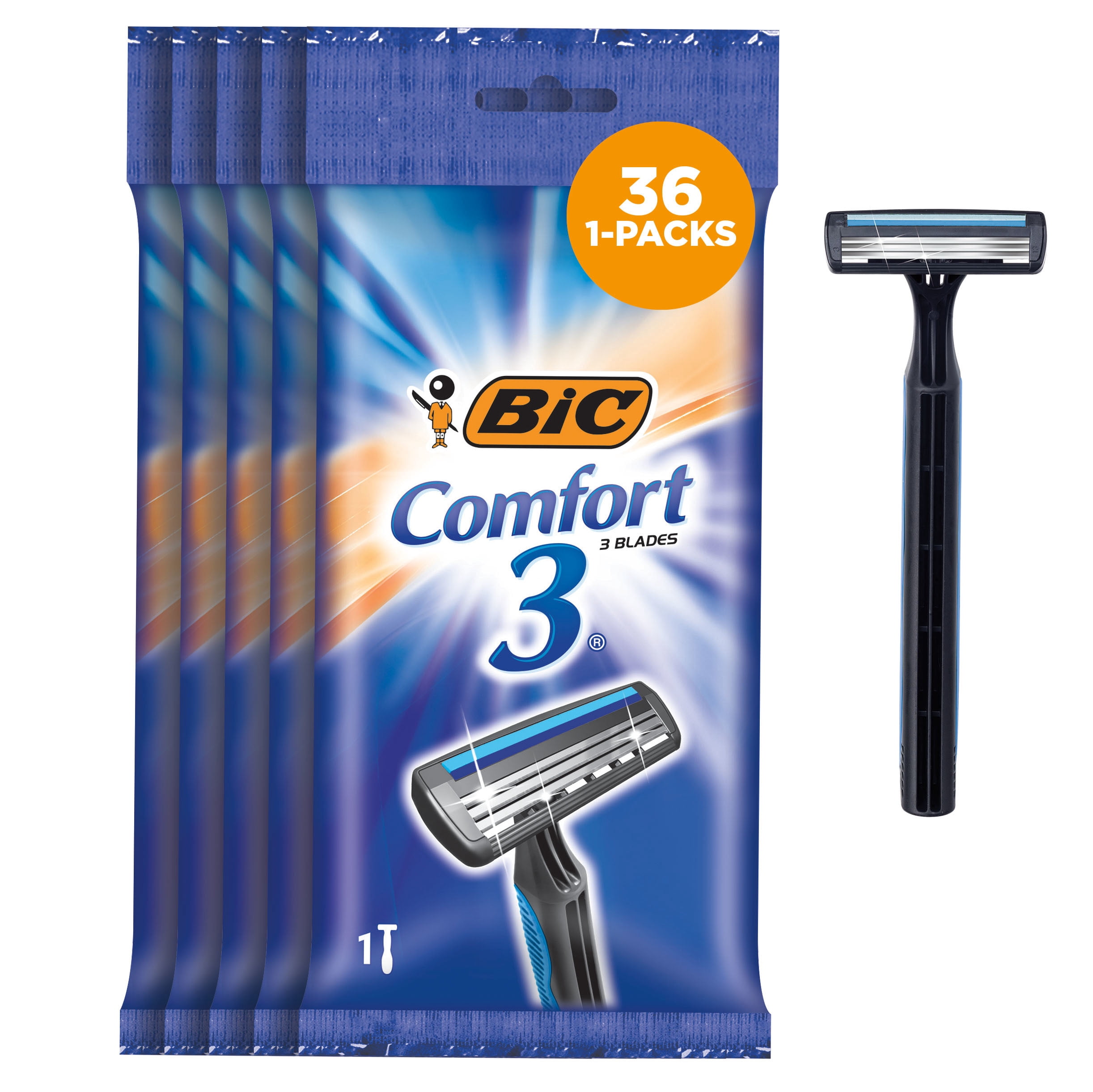 BIC Comfort 3 Men's Razors, 3 Blades, 36 Packs of 1 Count Individual Razors