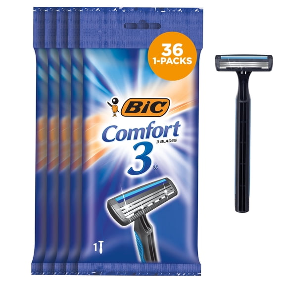 BIC Comfort 3 Men's Razors, 3 Blades, 36 Packs of 1 Count Individual Razors