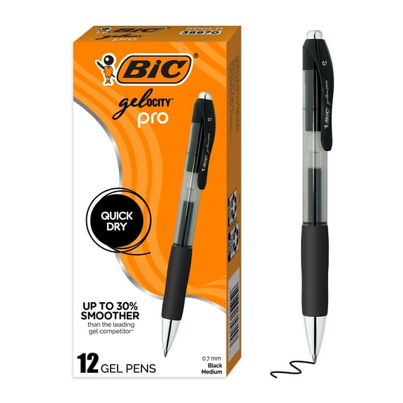 BIC Gelocity Pro Black Gel Pens, Medium Point (0.7 mm), Black Ink, 12-Count