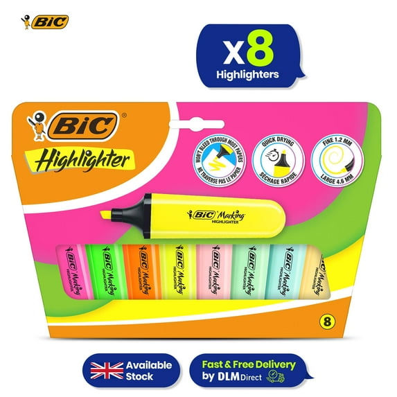 Bic Highlighter Flat - Assorted Pastel & Neon - Blister pack of 8