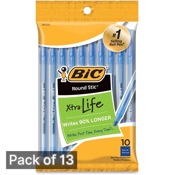 Bic Round Stic Medium Ballpoint Pens, Blue Ink 10-Count (Pack of 13)