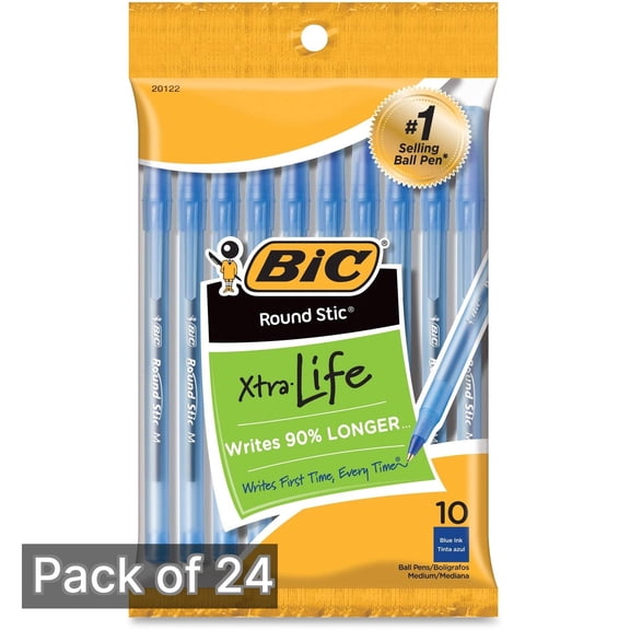 Bic Round Stic Medium Ballpoint Pens, Blue Ink 10-Count (Pack of 24)