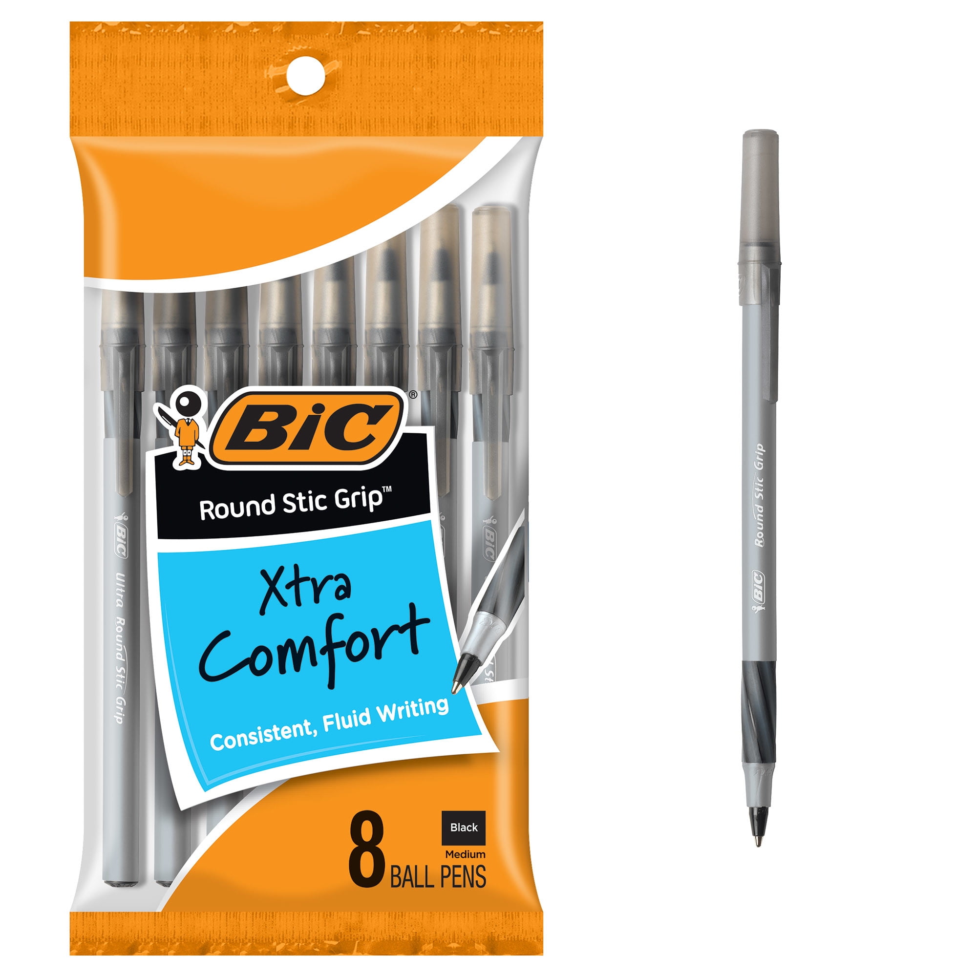 Bic Ultra Round Stic Grip Ball Pens Medium Point 8 Count Black