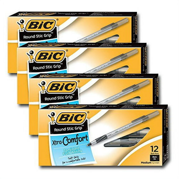 Bic Ultra Round Stic Grip Ball Point Pens, Medium Point, 1.2 mm, Black Ink (48 Pens)
