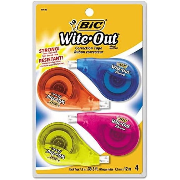 Bic Wotapp418 Wite-Out Ez Correct Correction Tape, Non-Refillable, 1/6-Inch X 400-Inch, 4/Pack
