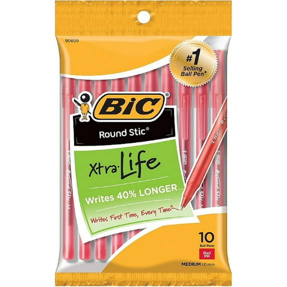 Bic Xtra-Life Round Stic Ball Pen, Medium Point, Red 10 ea (Pack of 2)