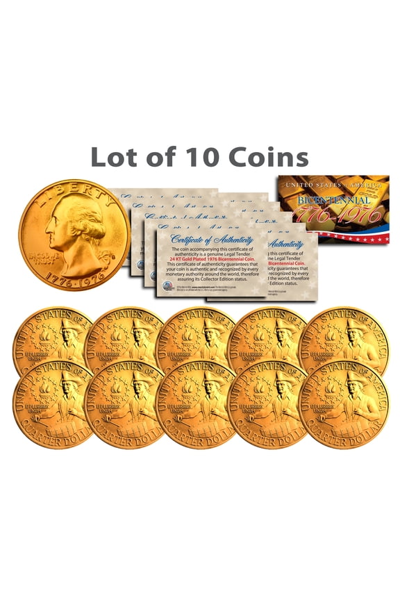 Bicentennial 1976 Quarters US Coins 24K Gold Plated with Capsules and COA, 10-Count
