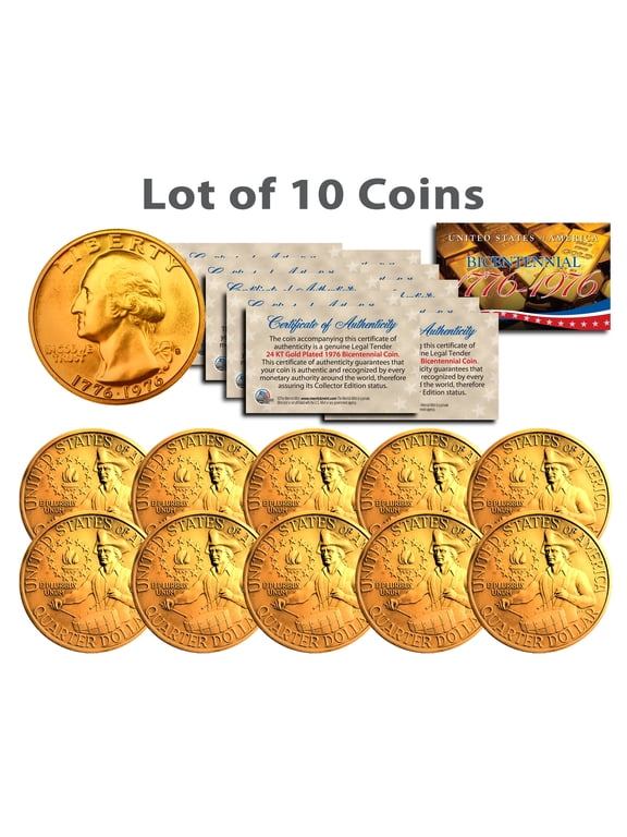 Bicentennial 1976 Quarters US Coins 24K Gold Plated with Capsules and COA, 10-Count