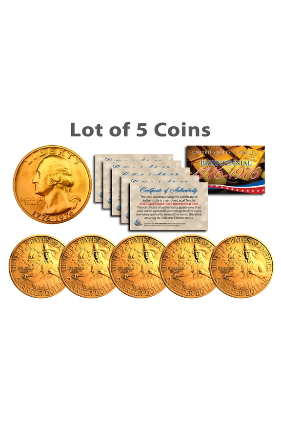 Bicentennial 1976 Quarters US Coins 24K GOLD PLATED w/Capsules & COA *Lot of 5*