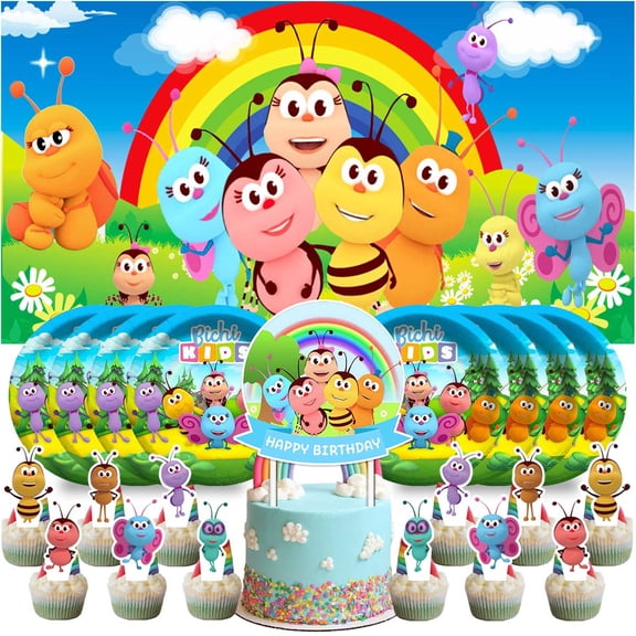 Bichikids Birthday Party Decor Set - 5x2.3ft Backdrop Banner, Paper Plates, Cake Toppers & Fan Decorations