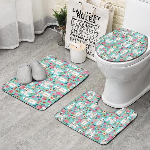 Bichon Dog Blue Florals Bathroom Rugs Sets 3 Piece,Toilet Cover Set,Absorbent Non Slip Bathroom Mats Sets with U-Shaped Contour Rug Toilet Rug Set