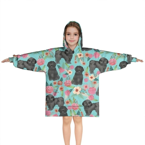 Bichon Dog Blue Florals Blanket Hoodies for Kids 6-13YR Oversize Wearable Blanket Hoodies for Boys Girls Teens