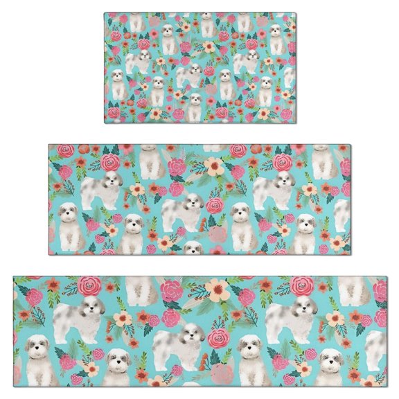 Bichon Dog Blue Florals Kitchen Rugs Sets Of 3,Kitchen Runner Rugs Non Skid Washable,Decorative Kitchen Floor Mats for Kitchen,Sink,Laundry,17"x30"+ 17"x47" + 17"x59"