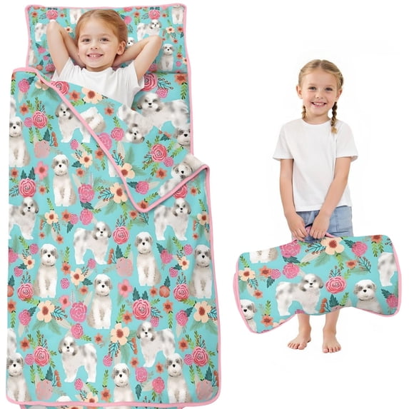 Bichon Dog Blue Florals Toddler Nap Mats for Kids Preschool,Sleeping Mat Bag or Kids,Toddler Sleeping Bag,Toddler Nap Mat or Daycare