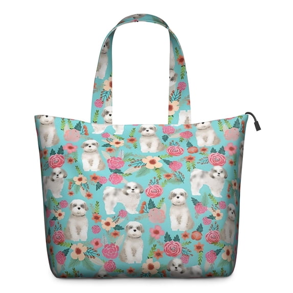 Bichon Dog Blue Florals Travel Tote Bags for Women Carry On,Large Weekender Bags for Women Travel,Multi Functional Duffle Bag for Work,Shopping,Sports