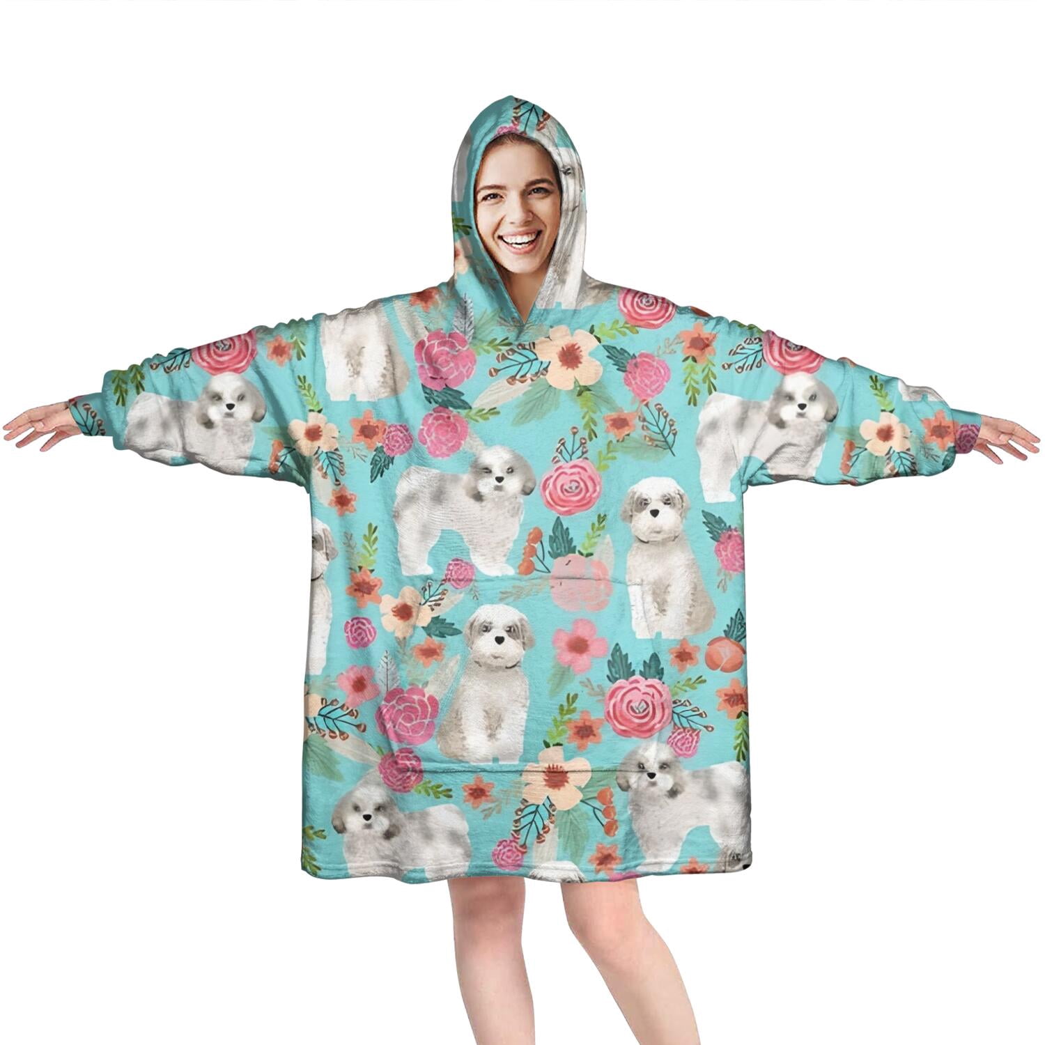 Bichon Dog Blue Florals Wearable Oversized Blanket,Wearable Blanket Hoodie for Adults,Cozy Hooded Blankets with Super Pockets,Super Warm Fuzzy Pullover for Women & Men