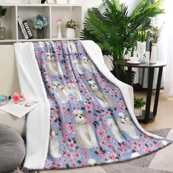 Bichon Dog Purple Florals Blanket,Comfortable Soft Flannel Throw Blanket,All Season,Warm Lightweight Blankets for Sofa Bed Couch Living Room Chair,60"x80"(150x200cm)