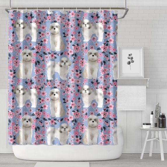 Bichon Dog Purple Florals Shower Curtain 84"x72" ,Bathroom Decorative Shower Curtains Set with 12 Hooks,Modern Waterproof Washable Shower Curtain